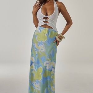 KEAGAN CUTOUT KNIT MAXI DRESS - WHITE/LANA GREEN